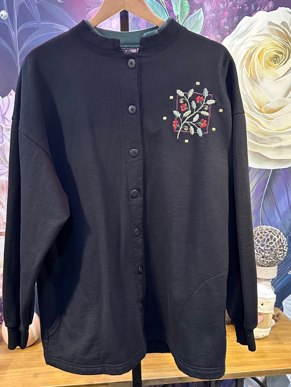 Top Stitch 1X Floral Embroidered Cardigan Cottagecore Folk Art Holiday Black